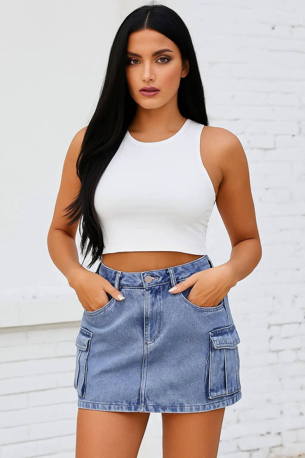 Model in denim cargo skirt and tank top posing in front of a white brick wall
