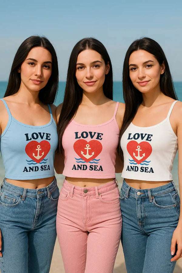 Women-s-spaghetti-strap-tank-with-Love-and-Sea-beach-theme-design