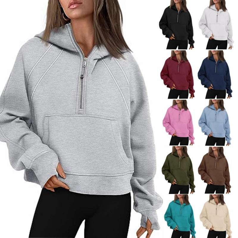 Women’s zipper hoodie in solid beige, cozy fit for fall


