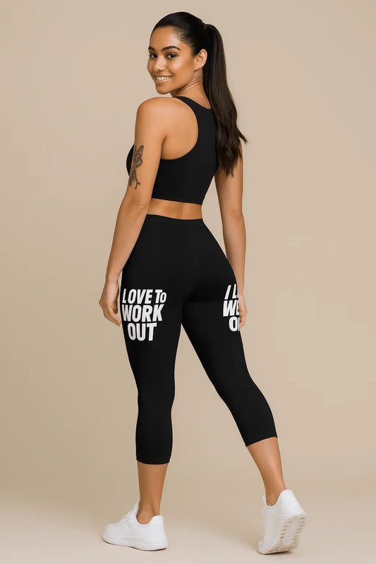 Women’s Black Capri Leggings – I Love to Work Out Print

