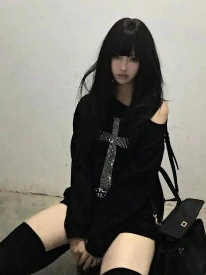 Women's Black Graphic One-Shoulder Pullover – Y2K Grunge Edge from Seeslim's Bold Drop 