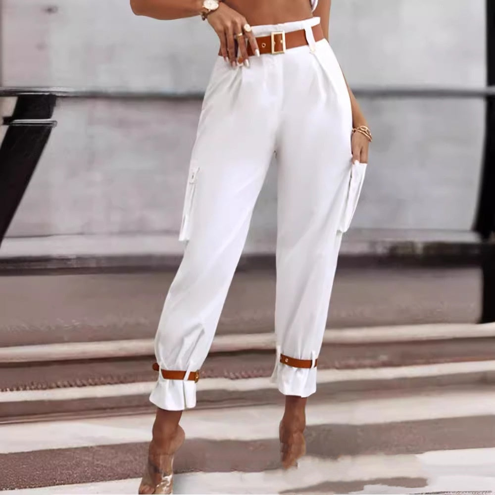 Women's Contrast Color Belt Trousers – Office-ready commute style