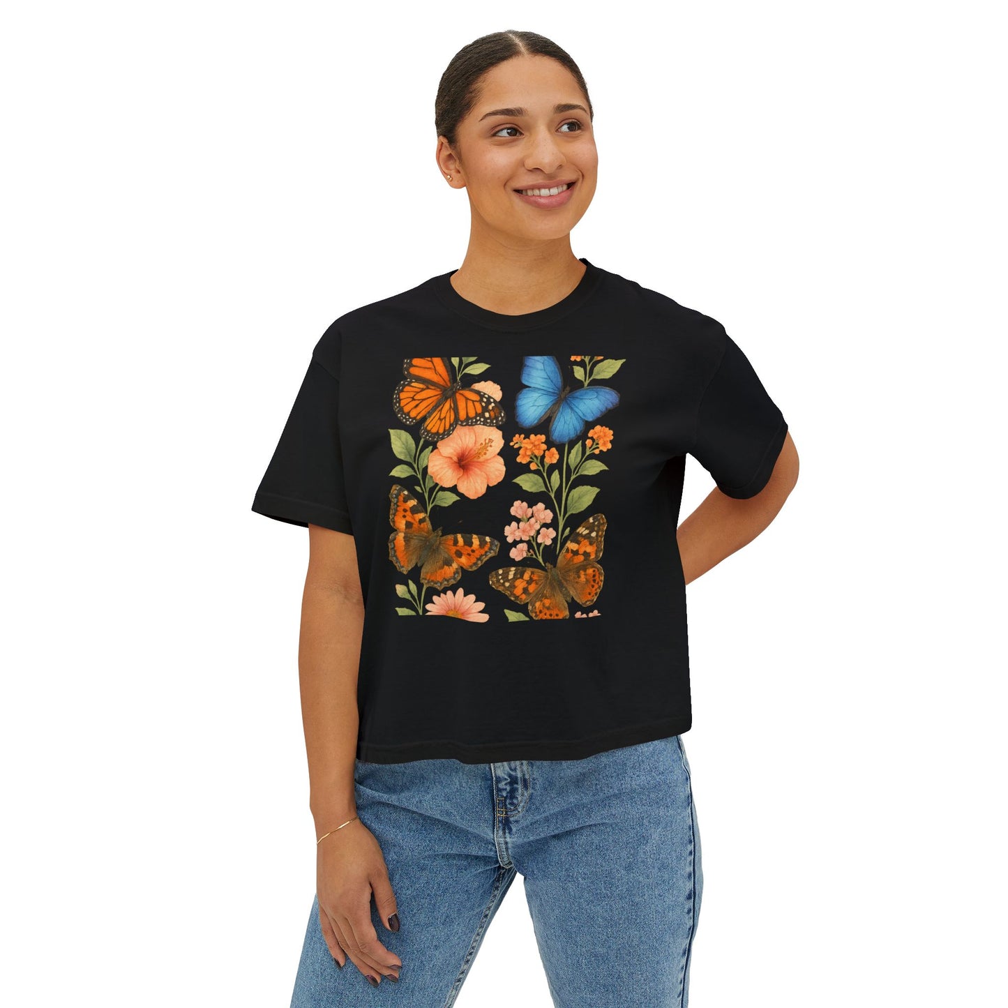 Women’s Cropped Boxy Tee with Butterfly & Flower Graphic