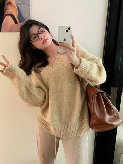 Women's Elegant V-Neck Sweater Soft Minimalist Lightweight High Stretch Loose Fit Casual Pullover Premium Quality Comfortable All Season Essential
