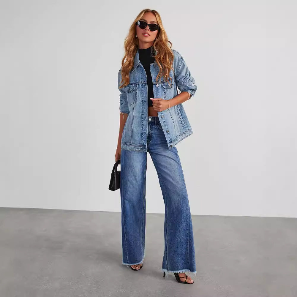 Women’s Fashion Wide-Leg Jeans with Classic Pocket Design

