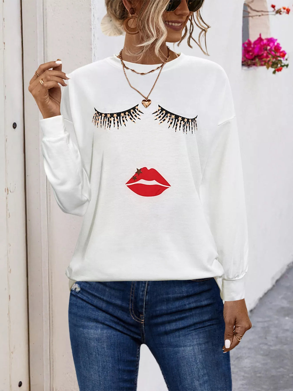 Women’s Graphic Round Neck Dropped Shoulder T-Shirt – flat lay with accessories