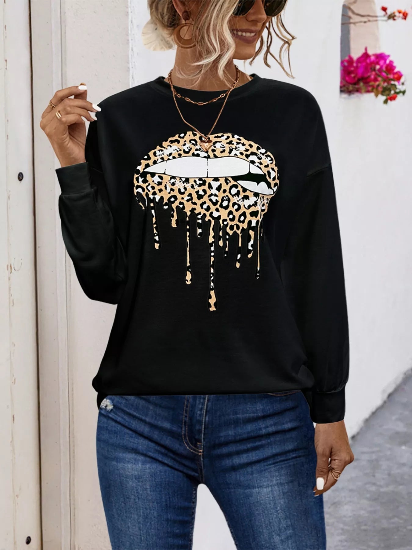 Women’s Graphic Round Neck Dropped Shoulder T-Shirt – front fit and drape