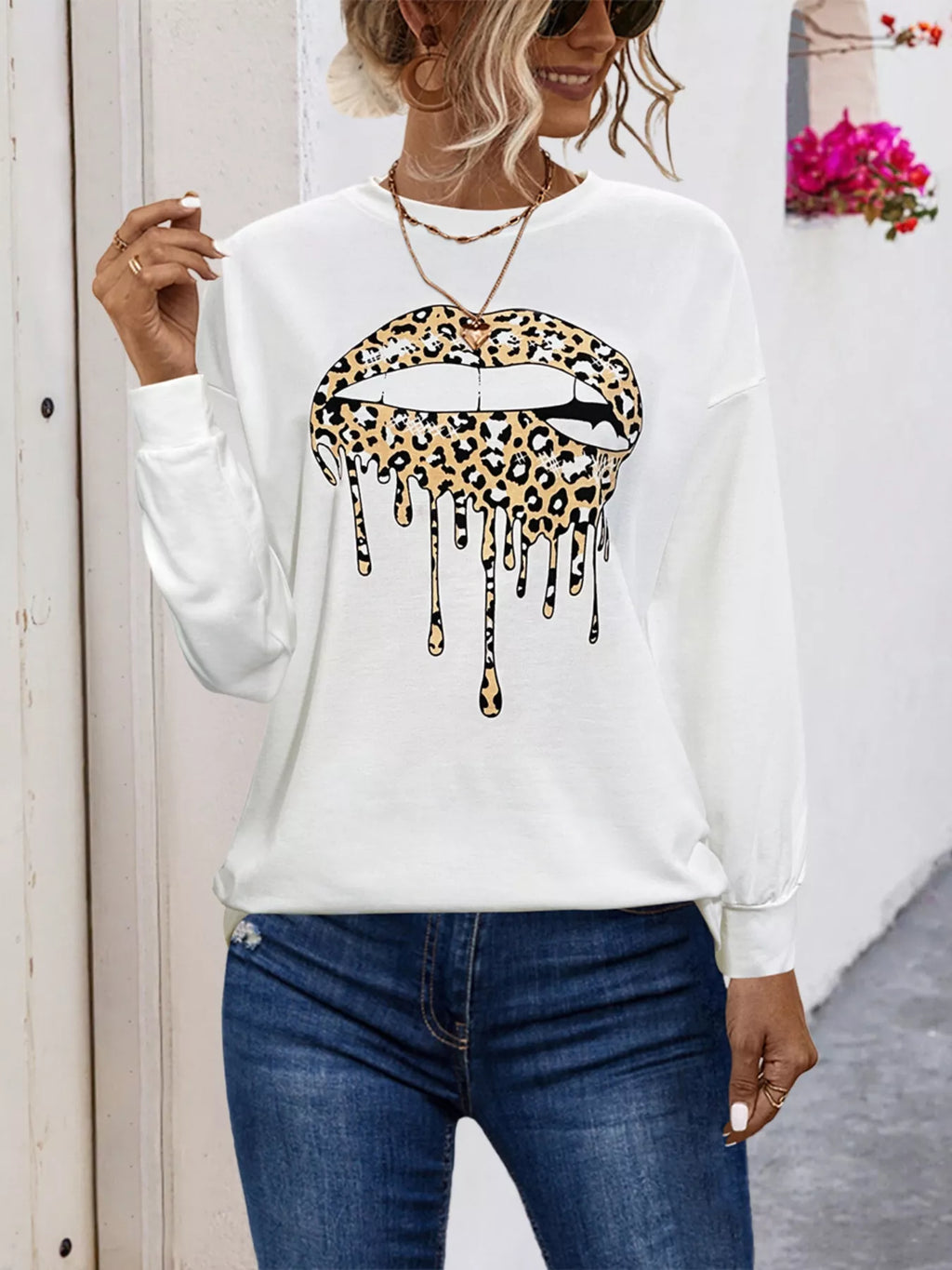Women’s Graphic Round Neck Dropped Shoulder T-Shirt – lifestyle look with denim