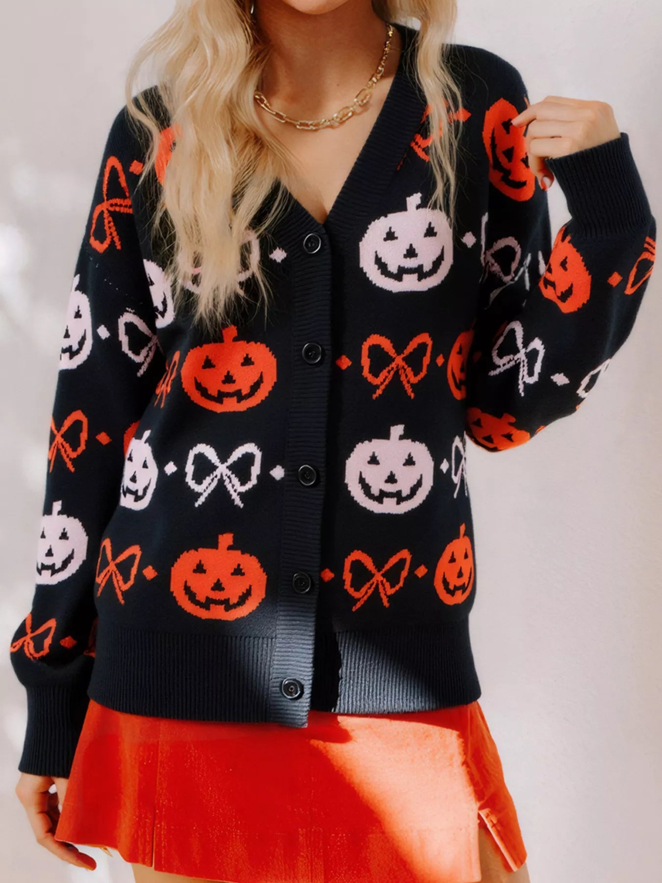 Women’s Halloween Pumpkin Cardigan – back view with pumpkins