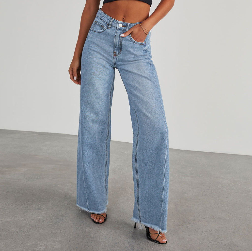 Women’s High Waist Wide-Leg Jeans – Slim Fit Cotton Blend with Pockets for Everyday Style

