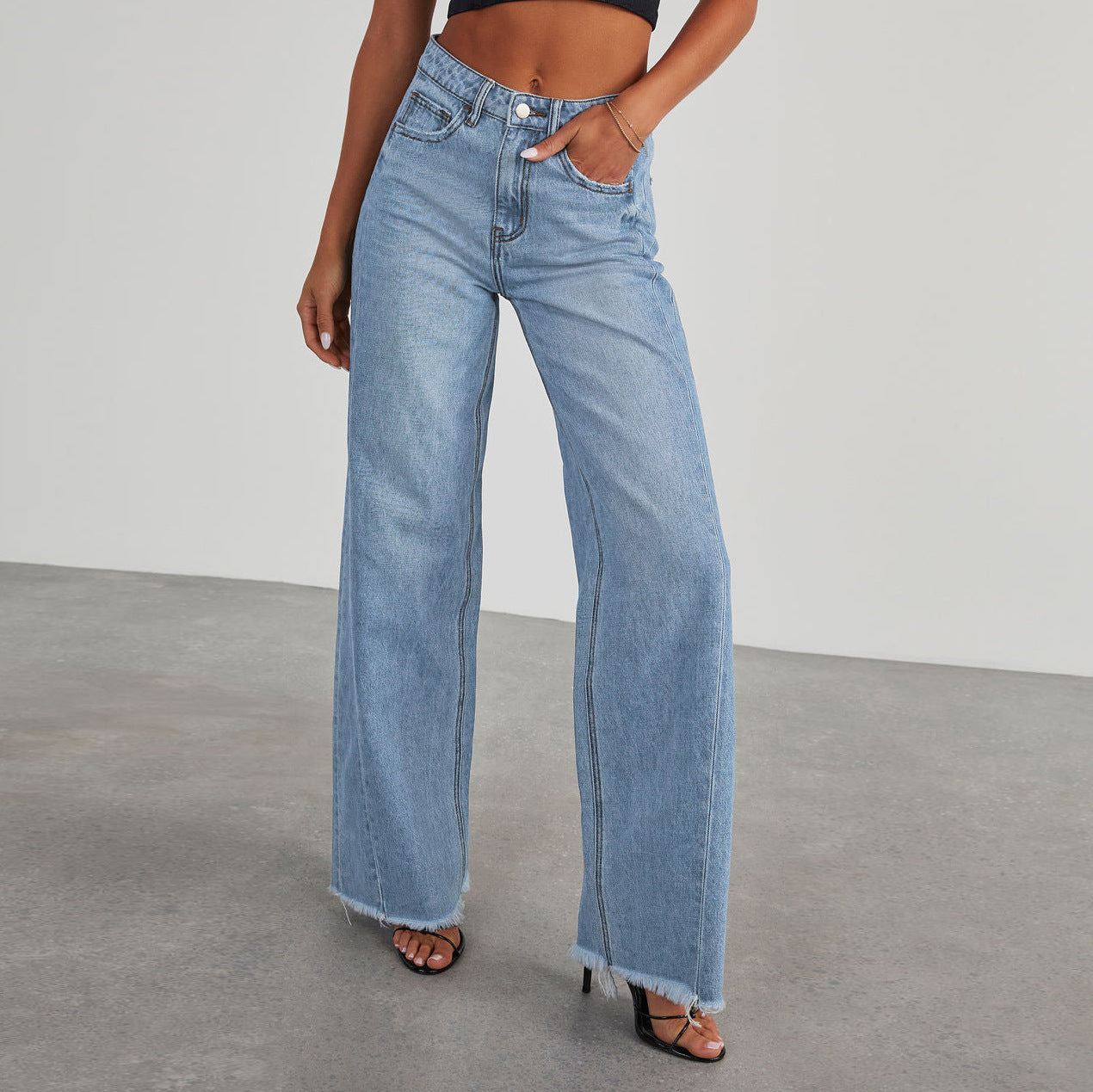 Women’s High Waist Wide-Leg Jeans – Slim Fit Cotton Blend with Pockets for Everyday Style

