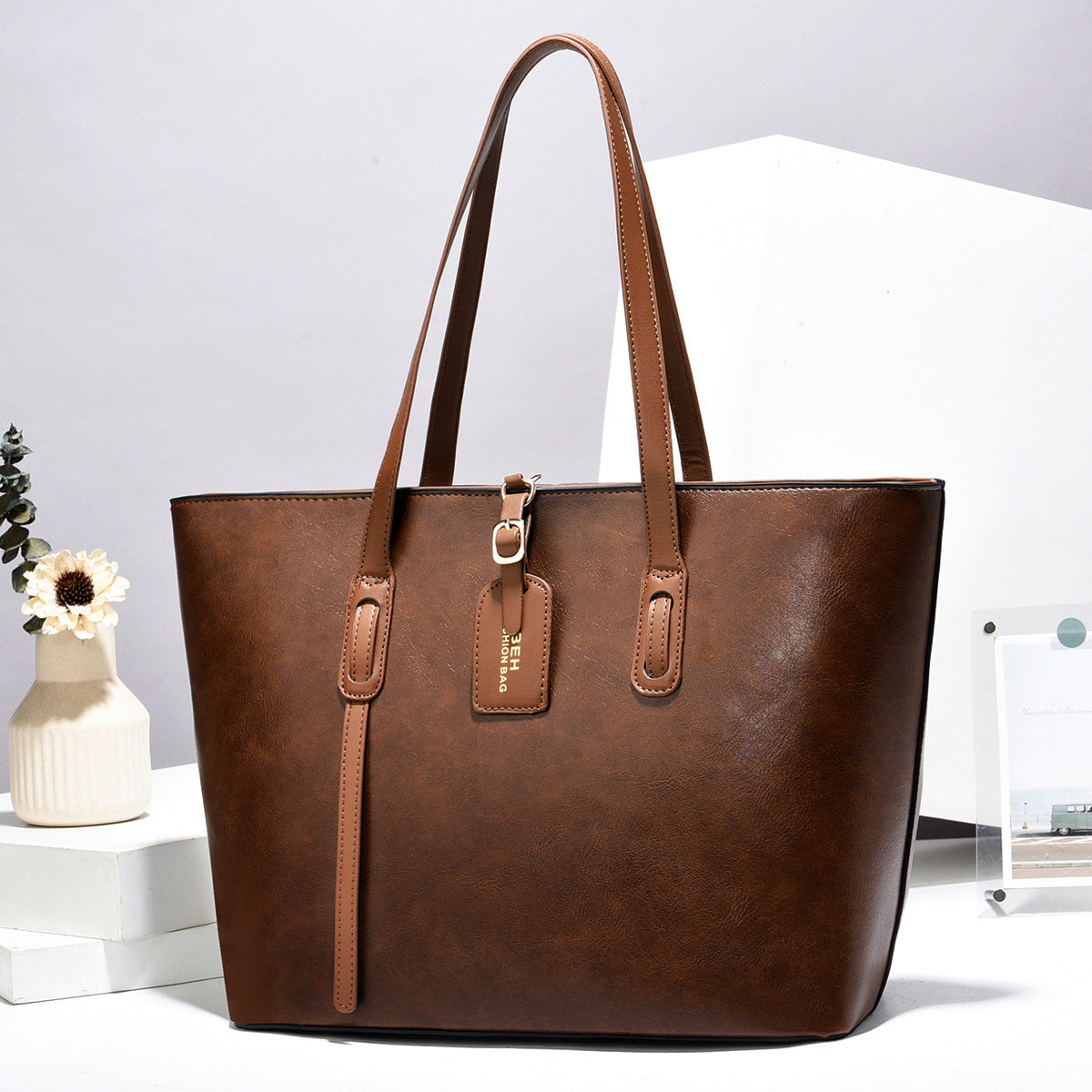Women's Leather Pattern Shoulder Messenger Bag – dark coffee PU with structured bucket silhouette