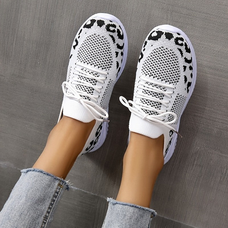 Women’s Medium Heel Sneakers with Chic Leopard Print Design

