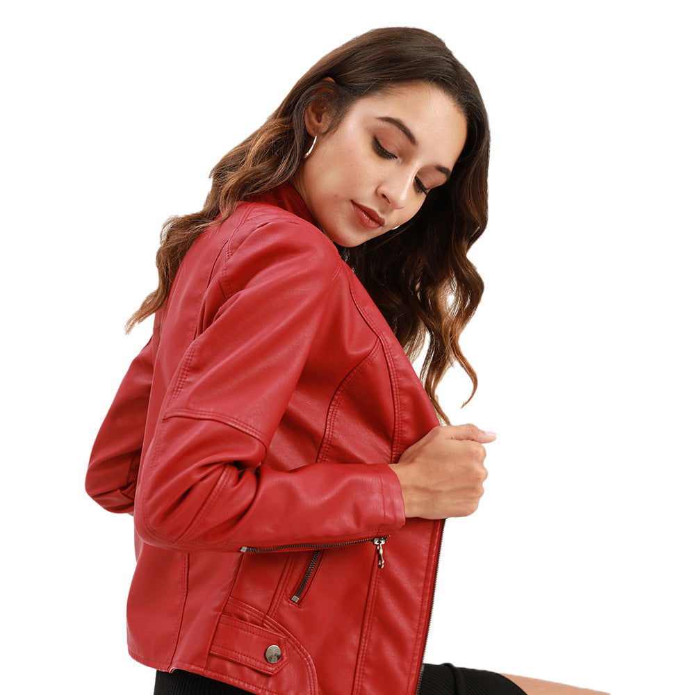 Women’s PU leather jacket close-up of textured 3D design

