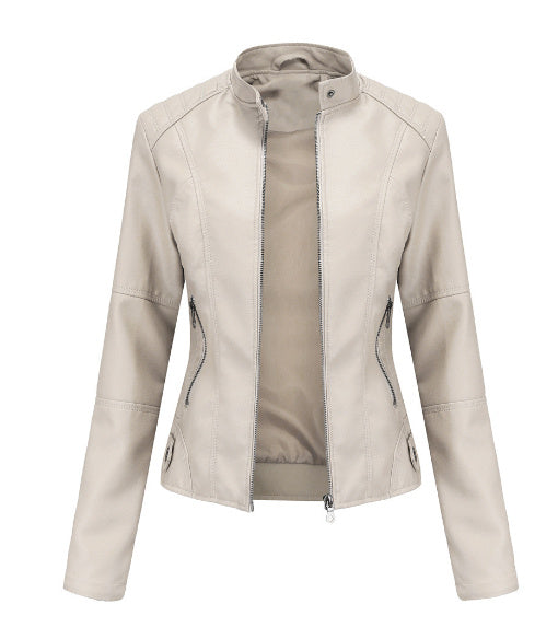 Women’s PU leather jacket in classic black, ideal for travel or evening walks

