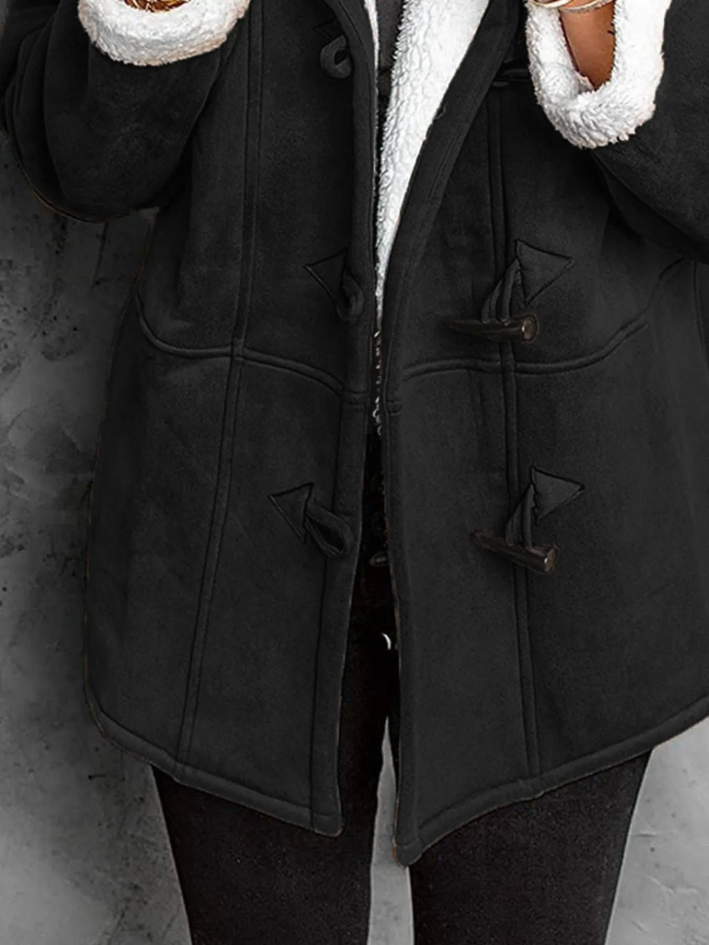 Women’s Plus Size Sherpa Lined Toggle Coat – Full outfit look