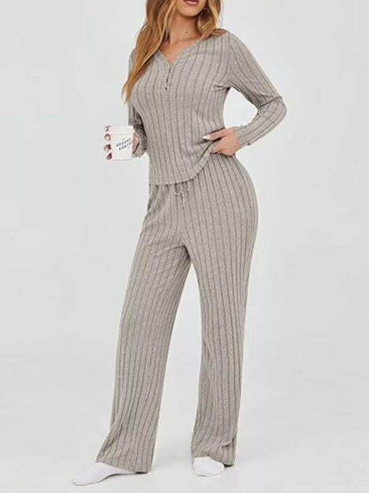 Women's Ribbed Knit Long Sleeve Top and Pants Set in Beige Front View for Cozy Lounge Style.