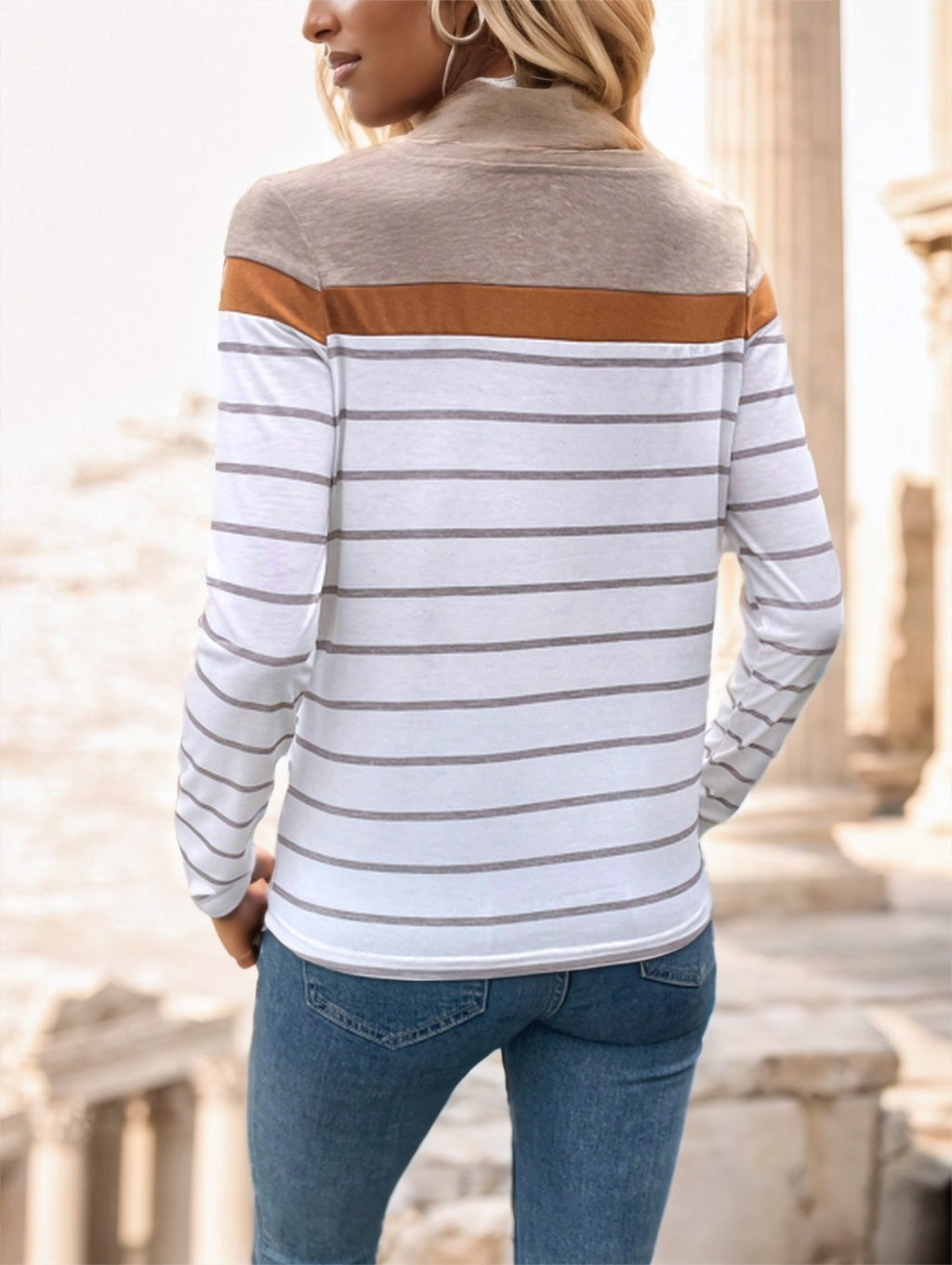 Women’s Round Neck Striped Long Sleeve T-Shirt – back view
