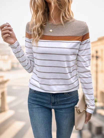 Women’s Round Neck Striped Long Sleeve T-Shirt – fabric texture 100% polyester