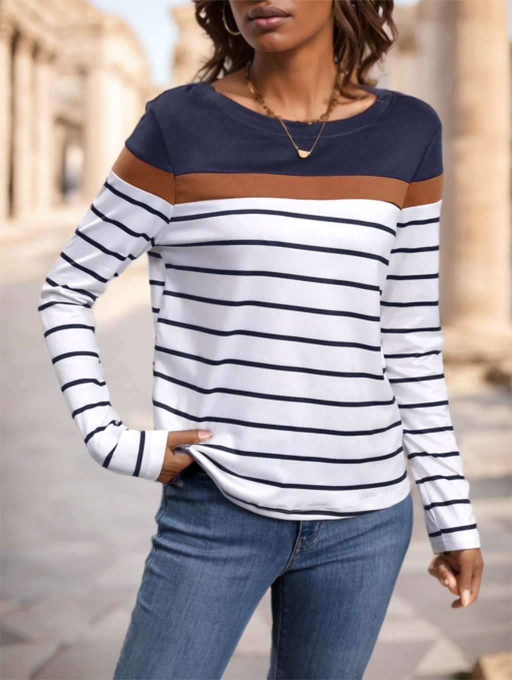 Women’s Round Neck Striped Long Sleeve T-Shirt – neckline close-up