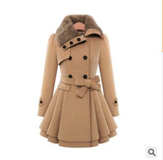 Women's Slim Mid-length Woolen Coat – close-up of belt and buttons detail