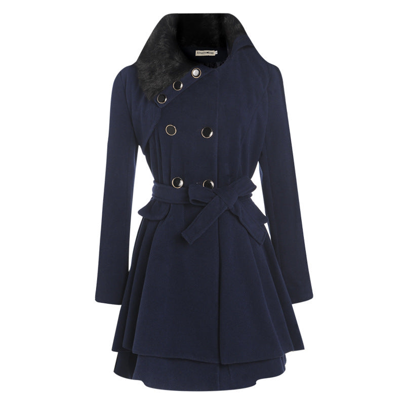Women's Slim Mid-length Woolen Coat – gray minimalist look with waist belt