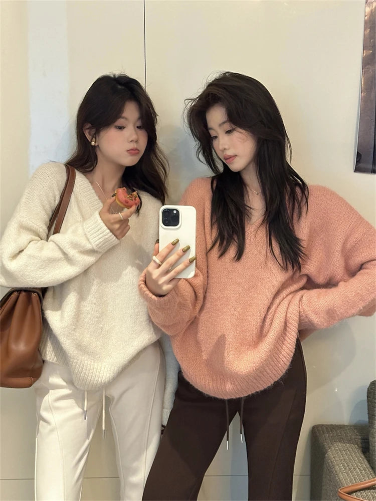 Women's Soft V-Neck Sweater Minimalist Elegant Design Lightweight High Stretch Fabric Loose Fit Casual Pullover All Season Premium Comfort Essential
