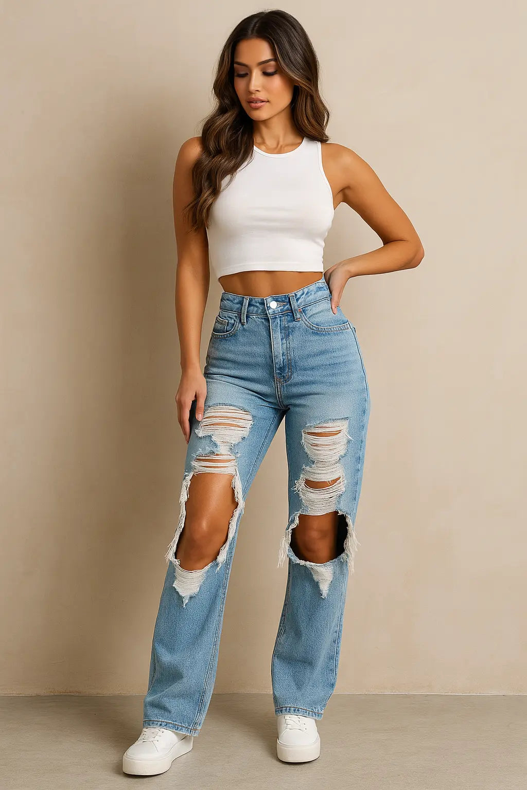 Women's blue jeans with a high-waist, ankle-length design for all-season wear.