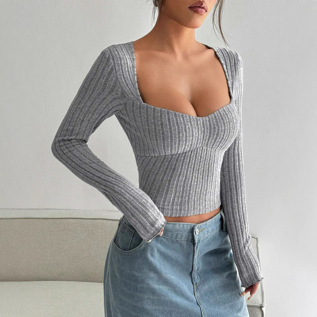 Women’s brushed crop T-shirt – trendy pullover with stripes