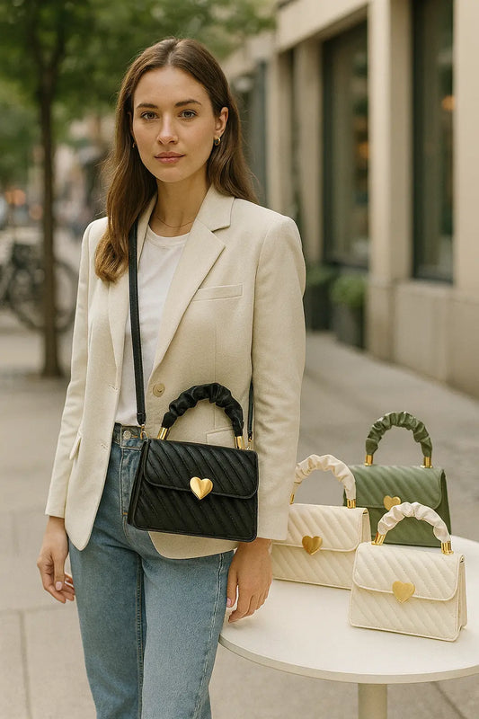 Women’s chain shoulder bag on-the-go – city blazer edit, heart metal detail, compact PU