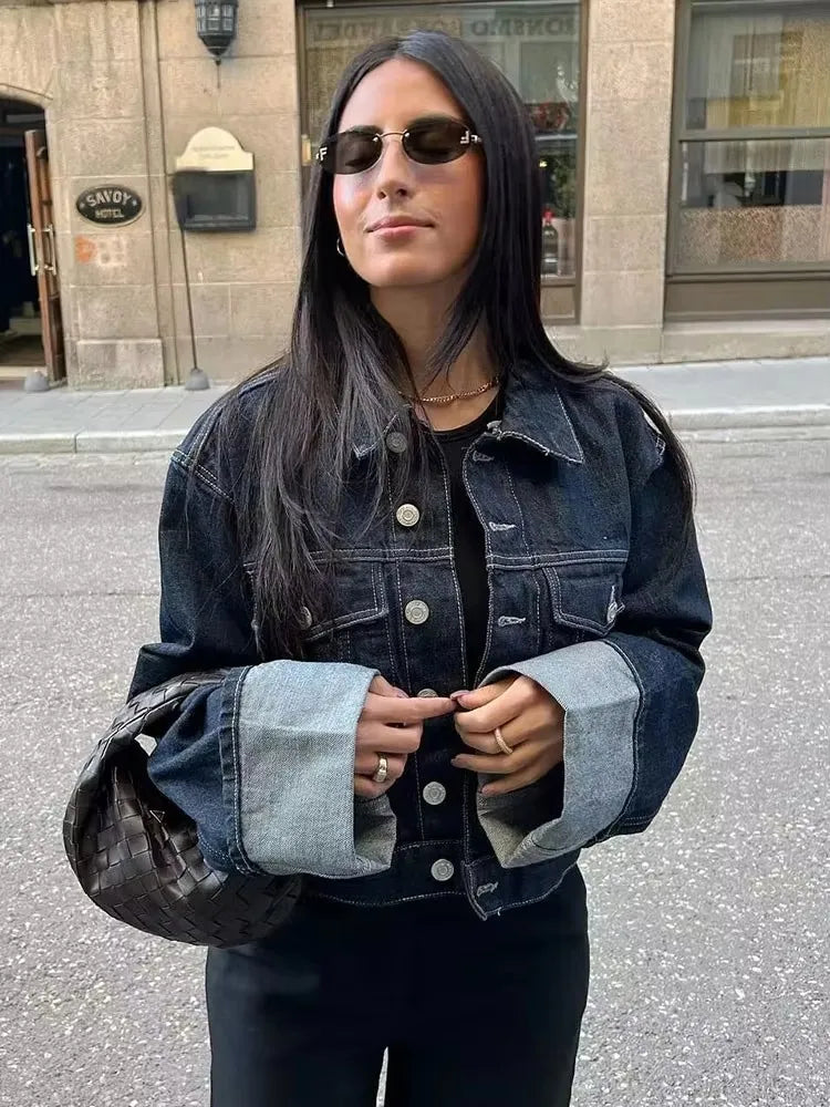 Women’s denim jacket – dark solid tone, minimalist look