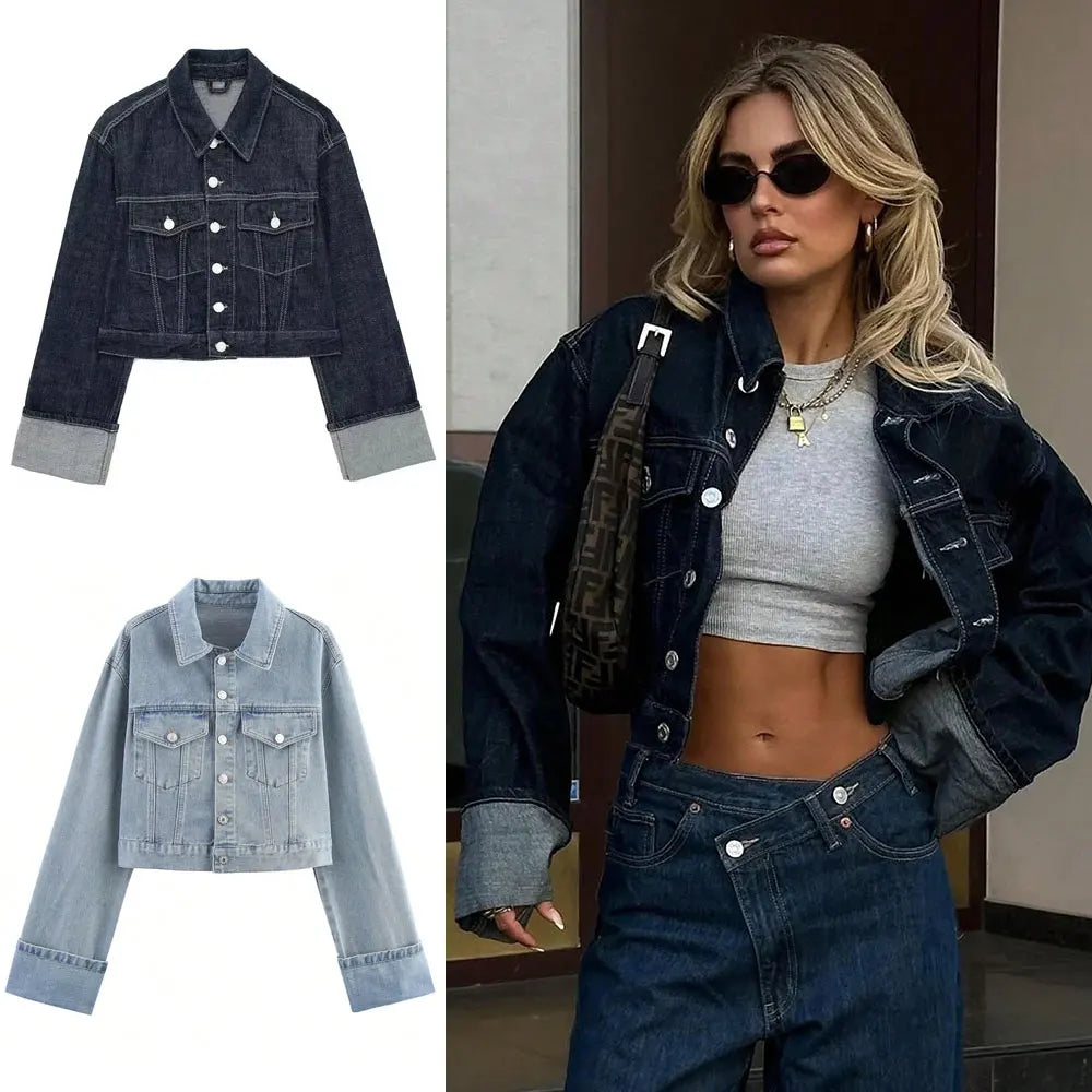 Women’s denim jacket – hooded detail with turn-down collar styling