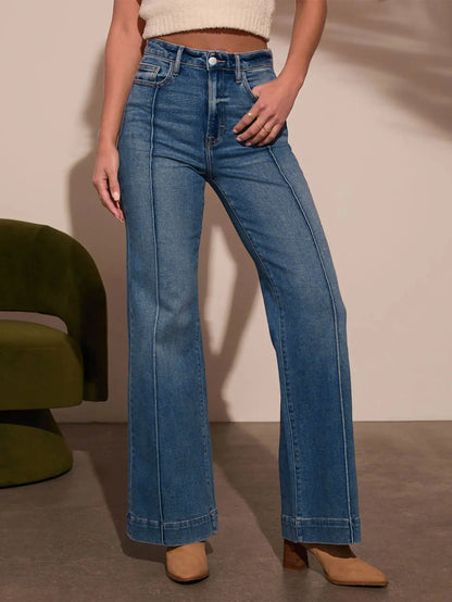 Women’s high waist straight jeans – close-up button fly detail