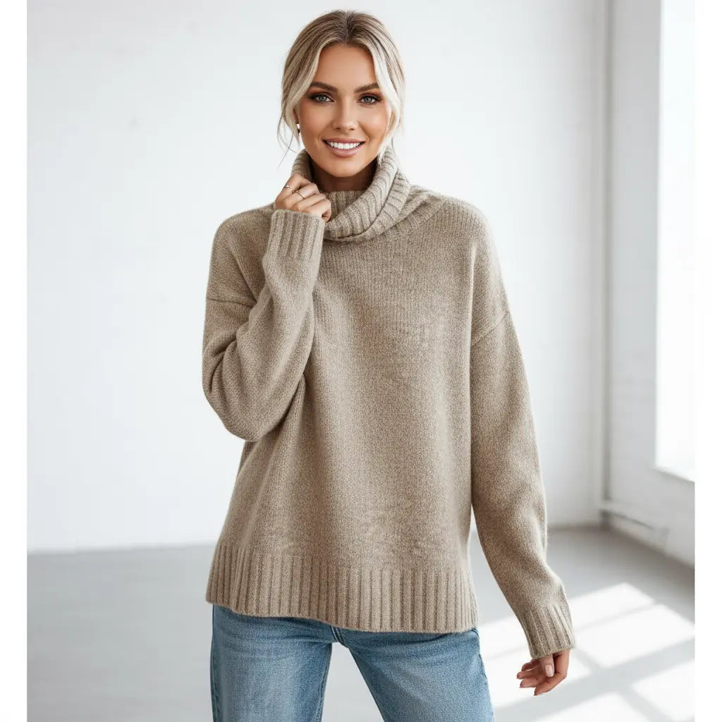 Women's Cozy Khaki Turtleneck Sweater