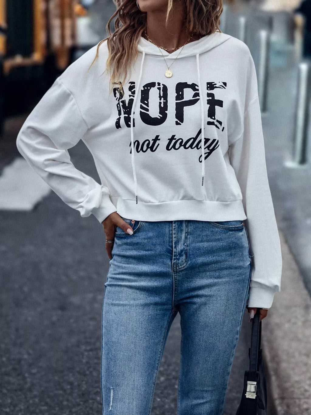 Women’s letter graphic hoodie on model – true-to-size S–XL fit guide
