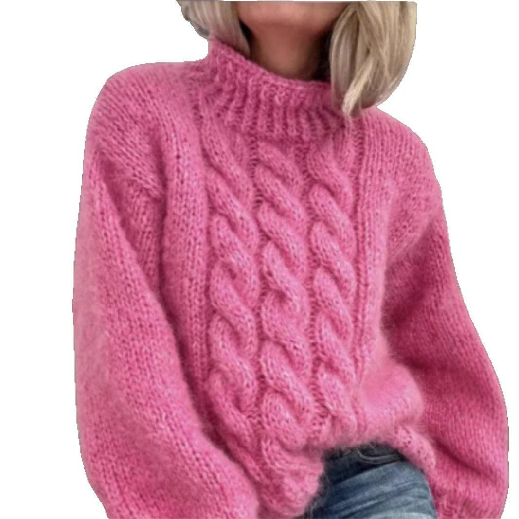 Women's medium-thickness knit pullover sweater with multicolor jacquard detail, folded display.