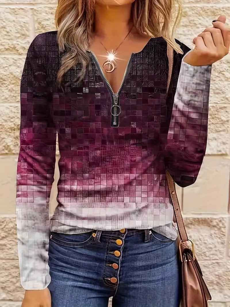 Striped Half Zipper Top for Women  Casual Loose Pullover