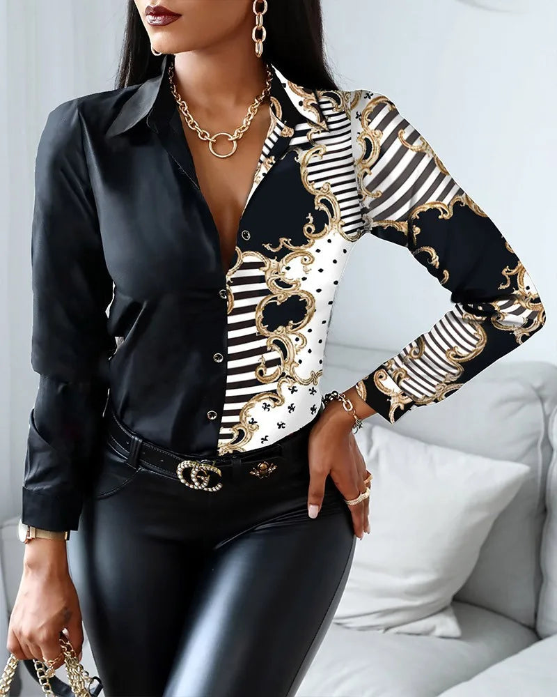 Women’s printed blouse – elegant floral, regular fit jersey