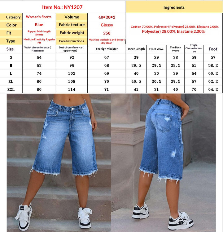 Denim shorts with size chart and product details on a yellow background