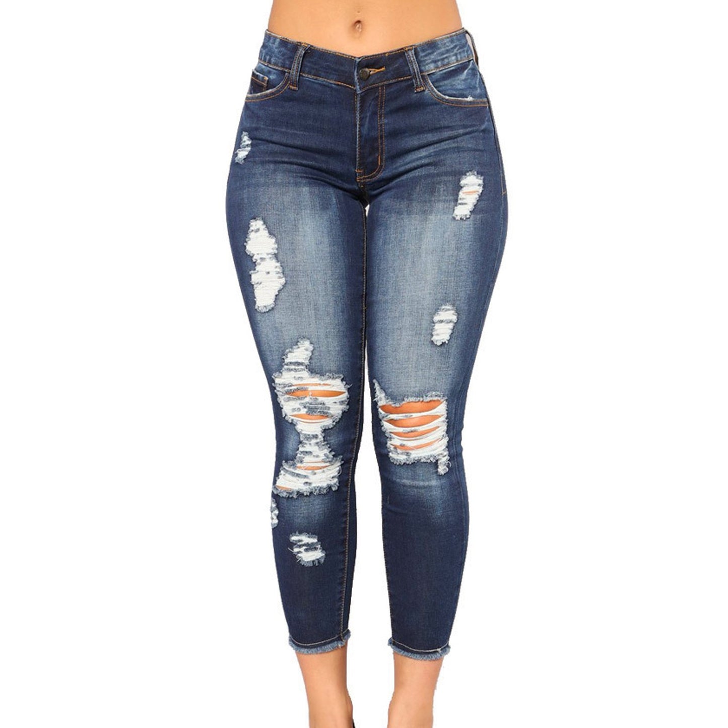 Women’s ripped skinny jeans – dark wash, flattering leg line