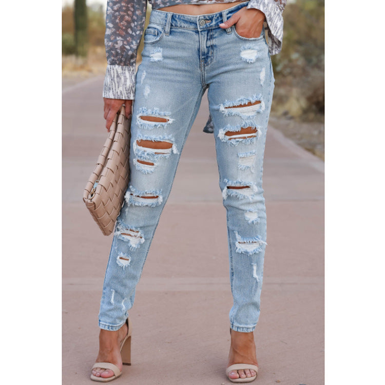 Women’s Skinny Pants – Cotton Ripped Mid Waist