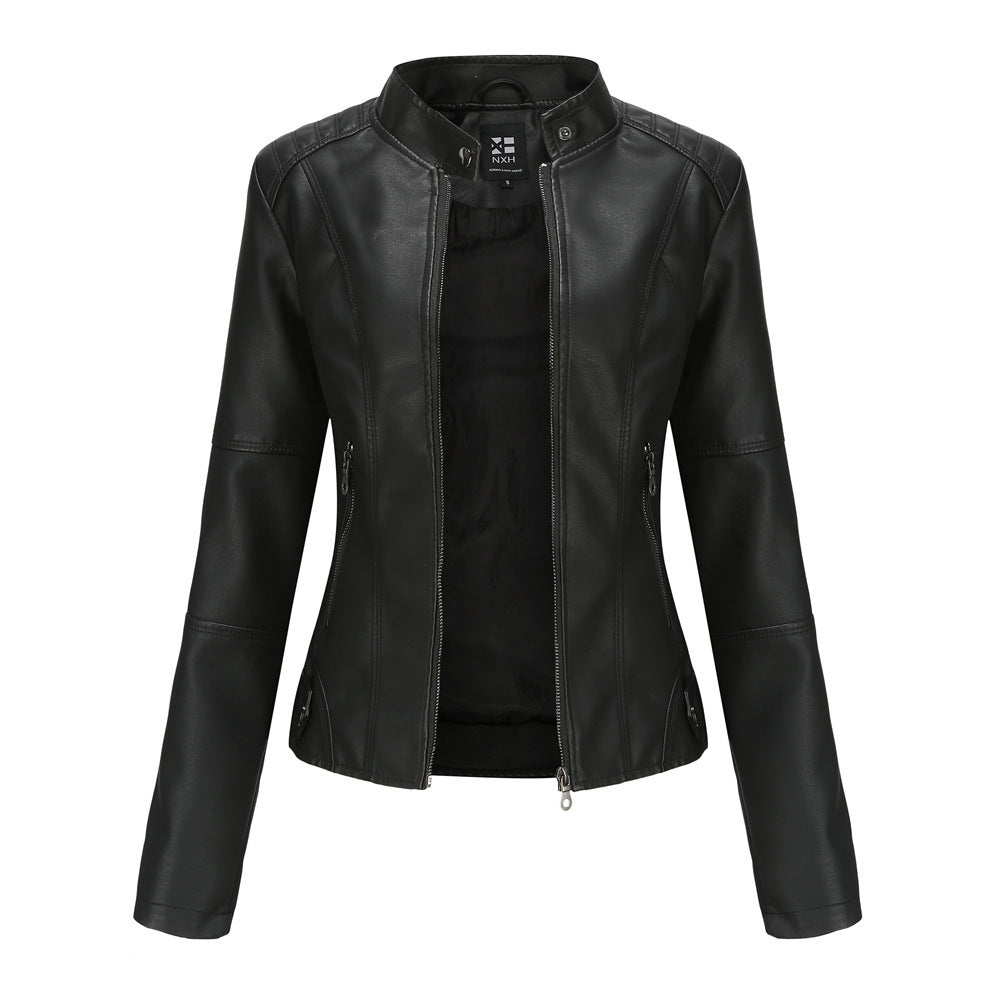 Women’s stand-up collar PU jacket on model, urban fashion background


