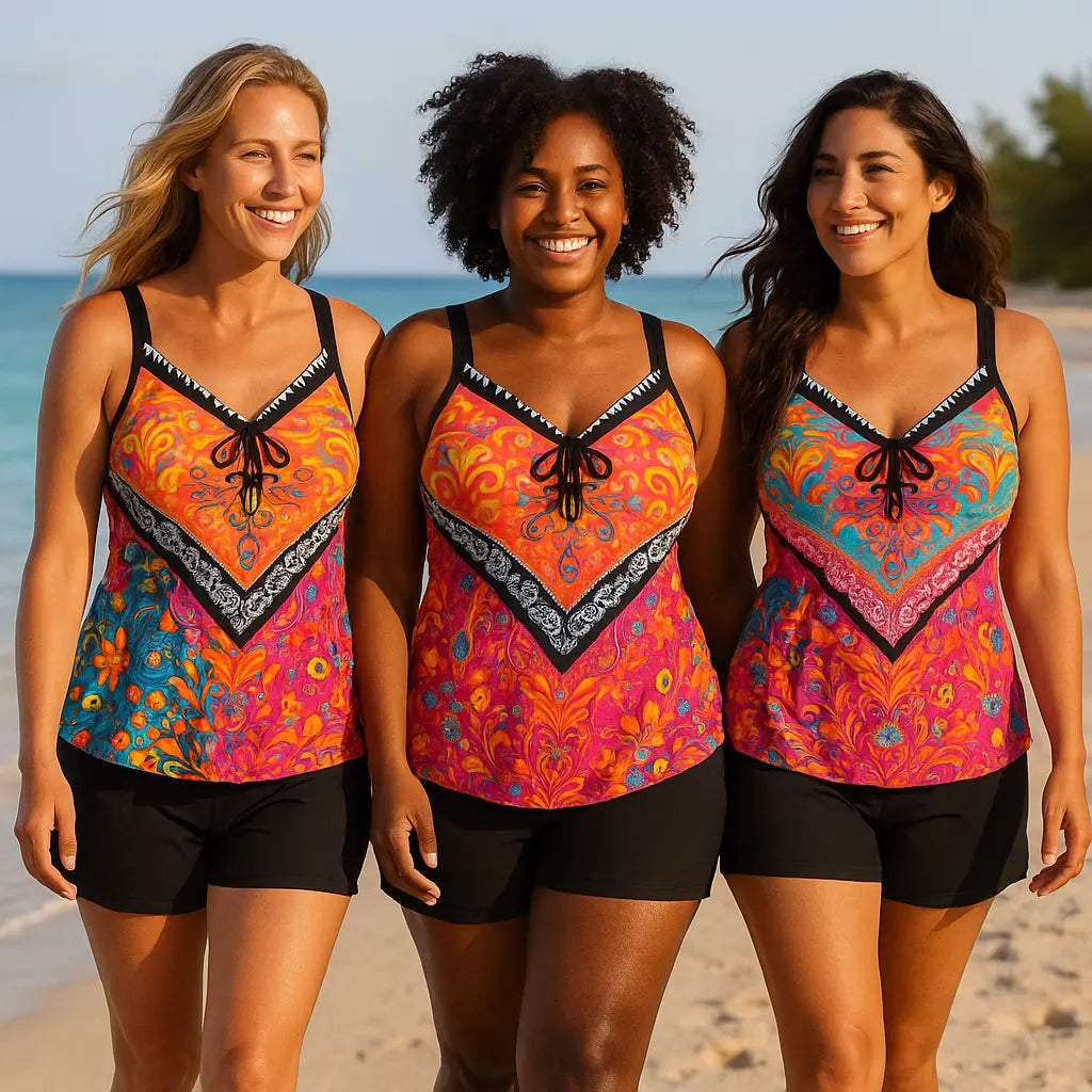 Women’s swimsuit with shorts – bohemian pattern, stay-put shorts, confident swimwear for women