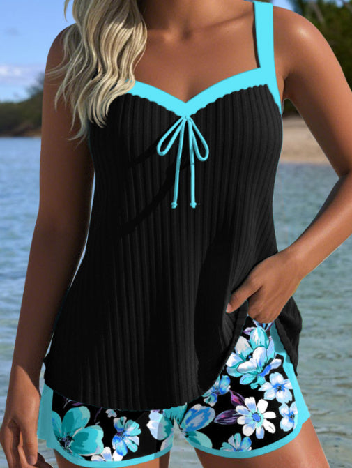 Women’s swimsuit with shorts – lake blue and green prints, easy movement for swimming &amp; wading