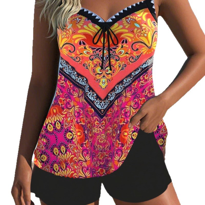 Women’s swimsuit with shorts vibrant print colorway poolside