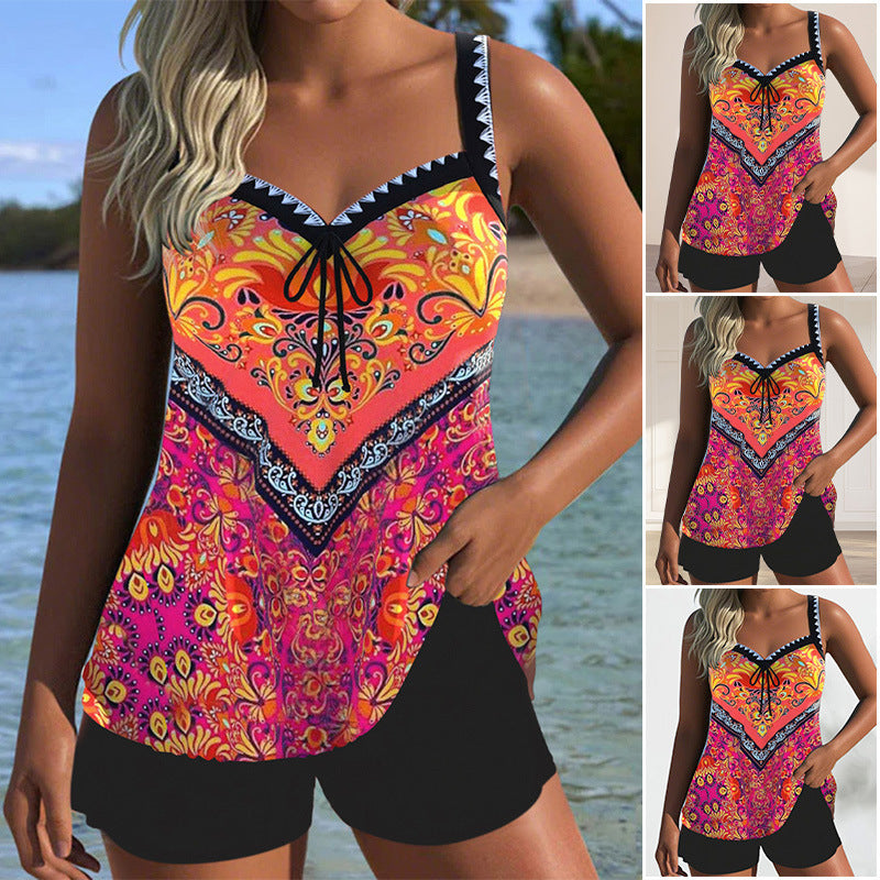 Women’s swimsuit with shorts – rose red pattern, comfortable fit, lightweight two-piece set