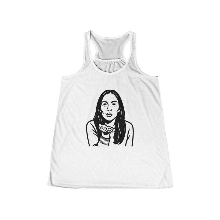 White women’s flowy racerback tank with graphic print