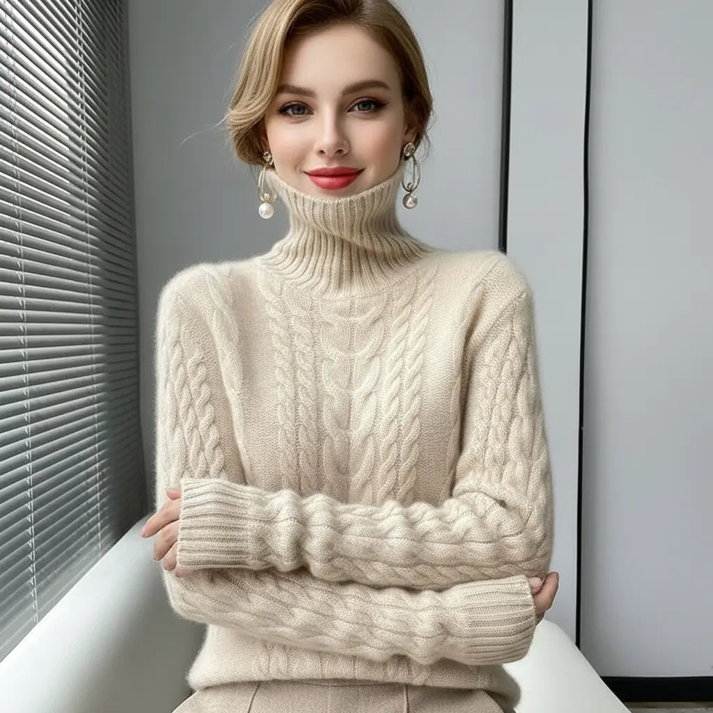 Women’s Turtleneck Cable-Knit Sweater – Slim, Warm