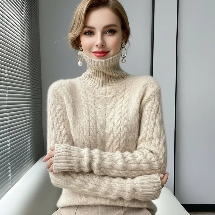 Women’s turtleneck cable-knit sweater – gift-ready box, premium chenille