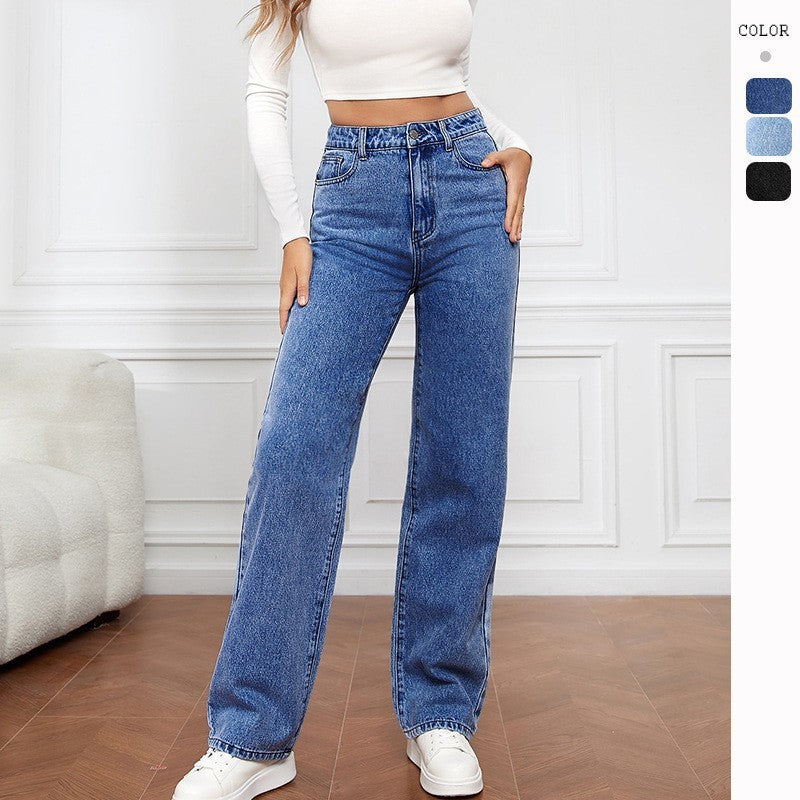 Women’s washed straight jeans – black gray color, sleek look